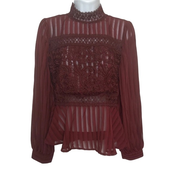 Haute Monde Womens Med Sheer Burgundy High Neck Lace Blouse Top Going Out Career - Picture 1 of 8